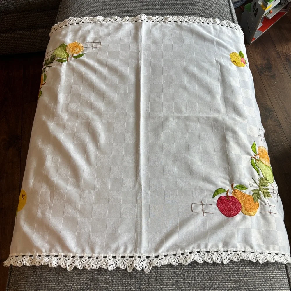 Handmade Embroidered Fruit Tablecloth 41x33 Lace Border Small Linen Table Cover